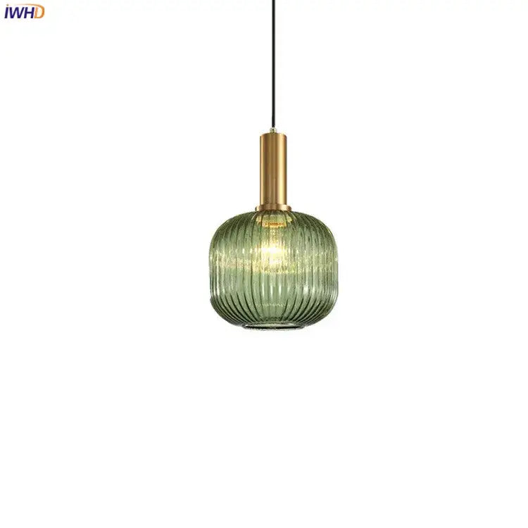Modern ribbed glass pendant lights for dining room with brass stem