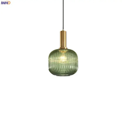 Modern ribbed glass pendant lights for dining room with brass stem