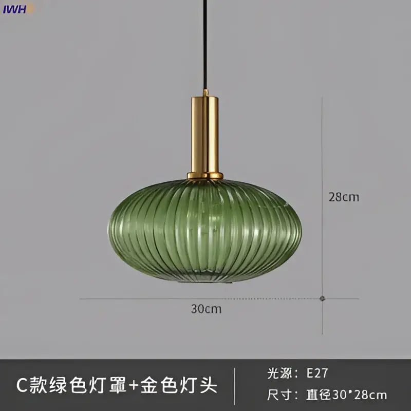 Modern ribbed glass pendant lights for dining room with brass stem