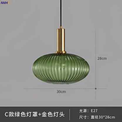 Modern ribbed glass pendant lights for dining room with brass stem