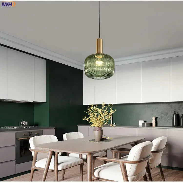 Modern ribbed glass pendant lights for dining room with brass stem