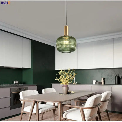 Modern ribbed glass pendant lights for dining room with brass stem