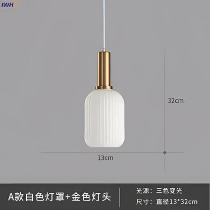 Modern ribbed glass pendant lights for dining room with brass stem