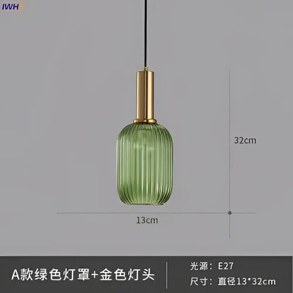 Modern ribbed glass pendant lights for dining room with brass stem