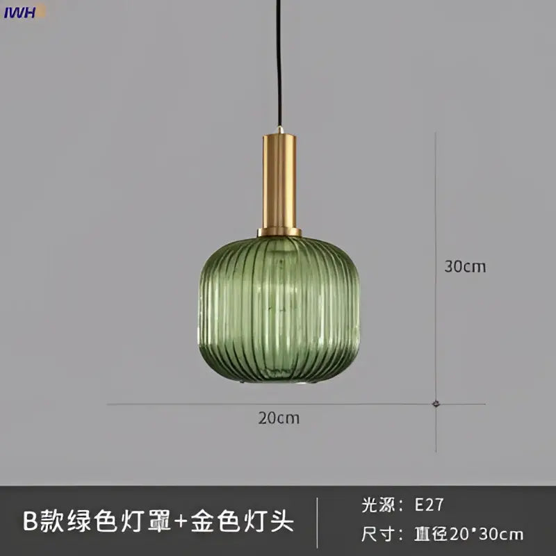 Modern ribbed glass pendant lights for dining room with brass stem