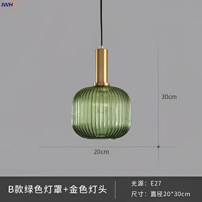 Modern ribbed glass pendant lights for dining room with brass stem