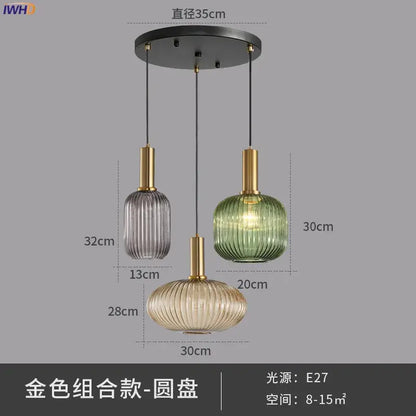 Modern ribbed glass pendant lights for dining room with brass stem