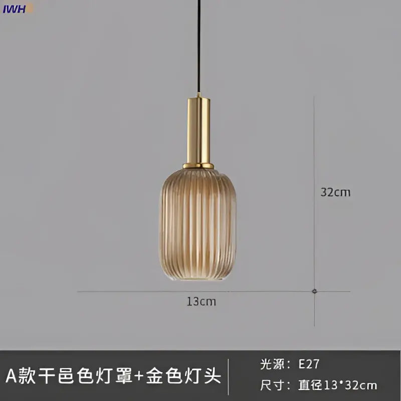 Modern ribbed glass pendant lights for dining room with brass stem