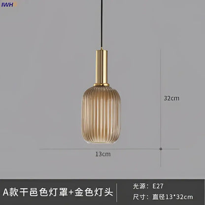 Modern ribbed glass pendant lights for dining room with brass stem