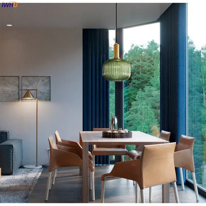 Modern ribbed glass pendant lights for dining room with brass stem