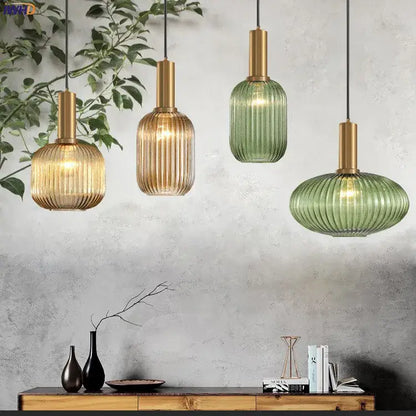 Modern ribbed glass pendant lights for dining room with brass stem