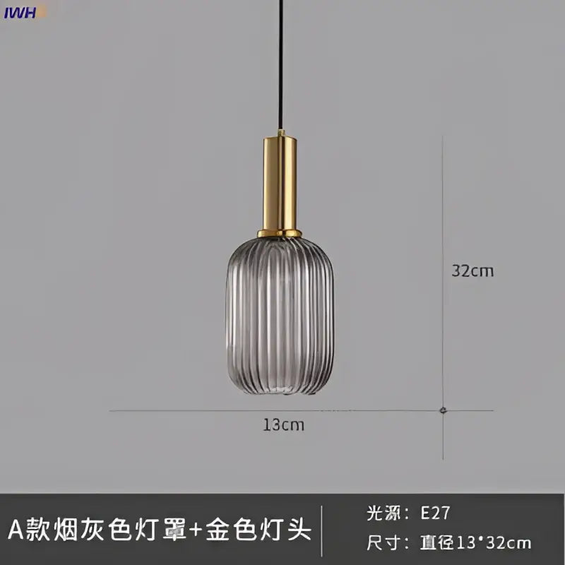 Modern ribbed glass pendant lights for dining room with brass stem