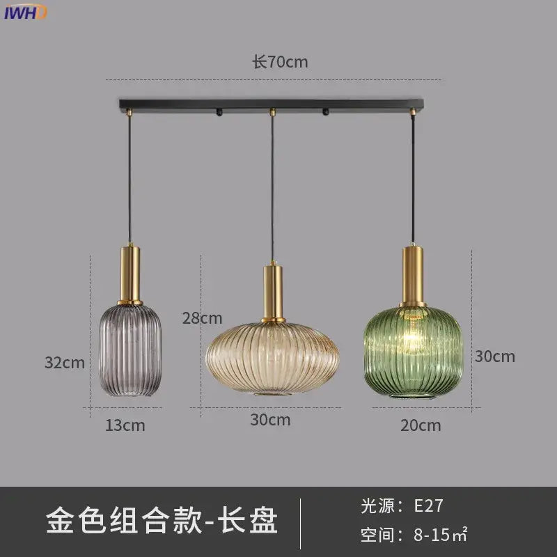 Modern ribbed glass pendant lights for dining room with brass stem