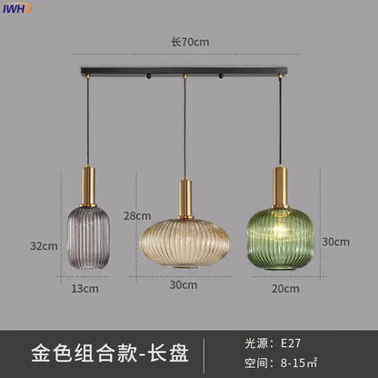 Modern ribbed glass pendant lights for dining room with brass stem