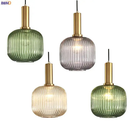 Modern ribbed glass pendant lights for dining room with brass stem