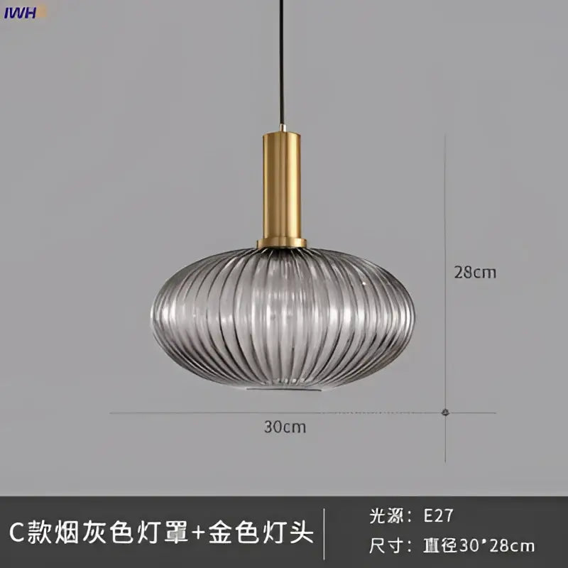 Modern ribbed glass pendant lights for dining room with brass stem