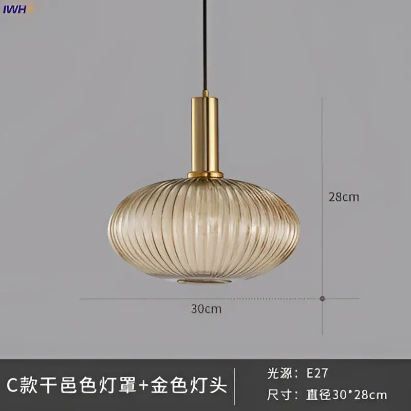 Modern ribbed glass pendant lights for dining room with brass stem