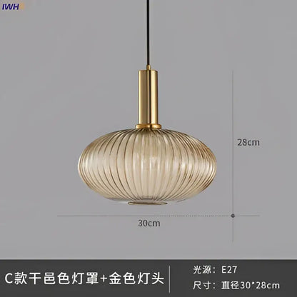 Modern ribbed glass pendant lights for dining room with brass stem
