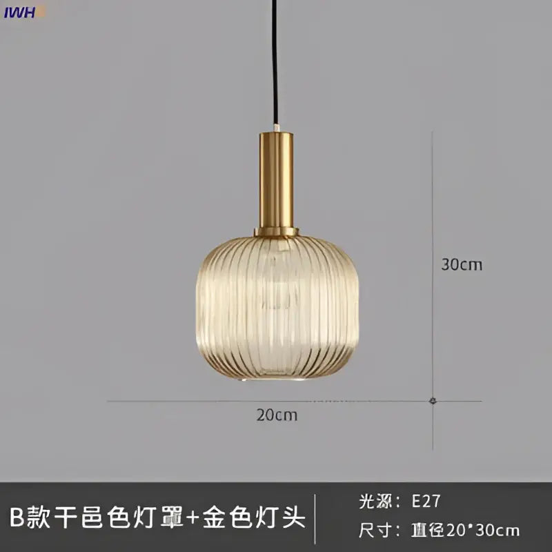 Modern ribbed glass pendant lights for dining room with brass stem