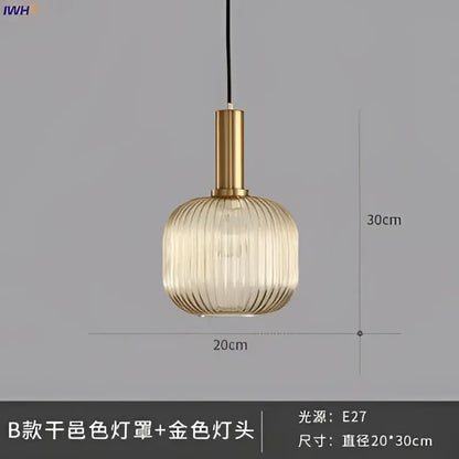 Modern ribbed glass pendant lights for dining room with brass stem
