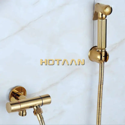 Modern ribbed gold brass bidet sprayer set for bathroom hygiene