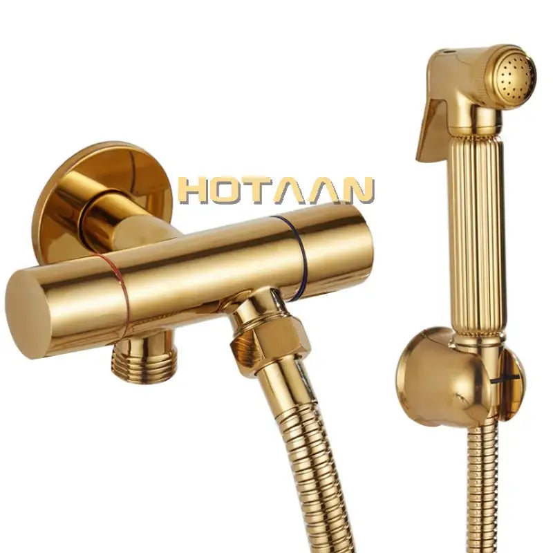 Modern ribbed gold brass bidet sprayer set for bathroom hygiene