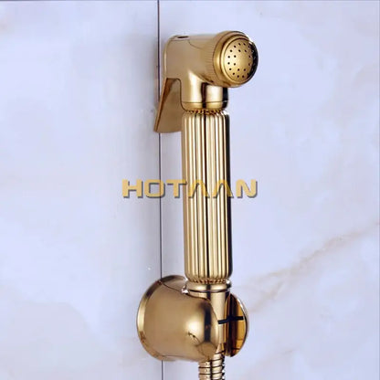 Modern ribbed gold brass bidet sprayer set for bathroom hygiene