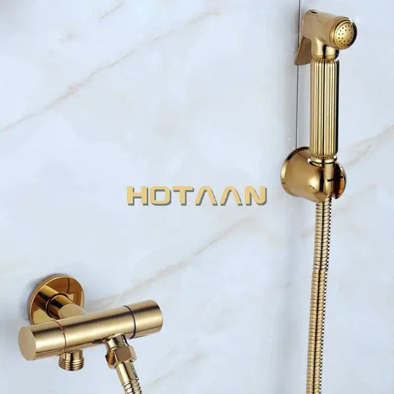 Modern ribbed gold brass bidet sprayer set for bathroom hygiene