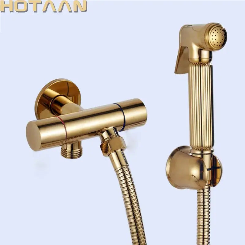 Modern ribbed gold brass bidet sprayer set for bathroom hygiene