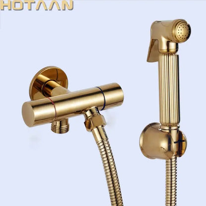 Modern ribbed gold brass bidet sprayer set for bathroom hygiene