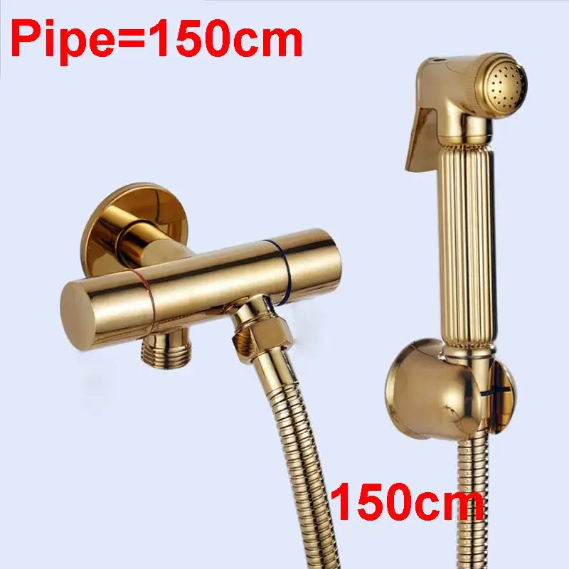 Modern ribbed gold brass bidet sprayer set for bathroom hygiene