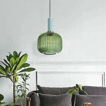 Modern ribbed green pumpkin glass pendant lights for dining room