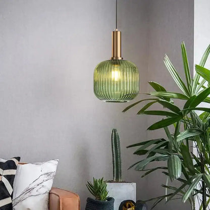 Modern ribbed green pumpkin glass pendant lights for dining room