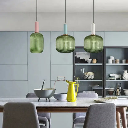 Modern ribbed green pumpkin glass pendant lights for dining room