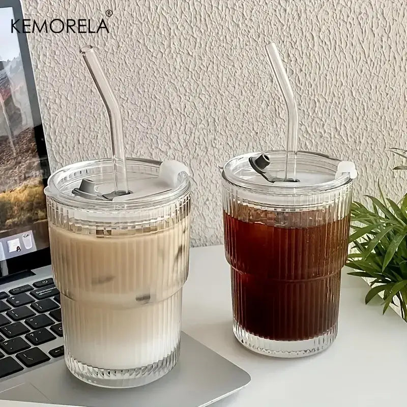 Modern ribbed stripe glass cup with lid and straw kitchen glassware