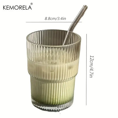 Modern ribbed stripe glass cup with lid and straw kitchen glassware