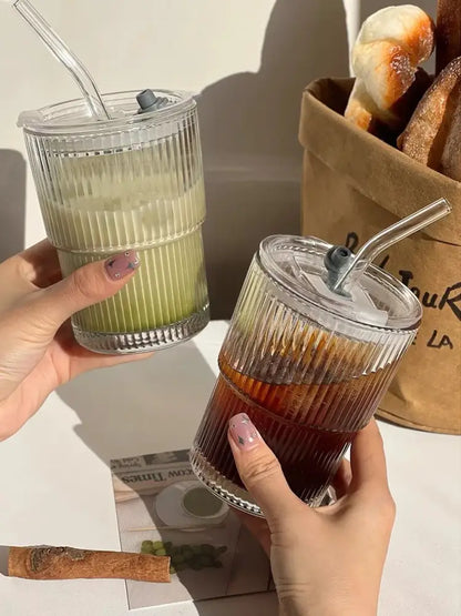 Modern ribbed stripe glass cup with lid and straw kitchen glassware