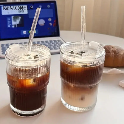 Modern ribbed stripe glass cup with lid and straw kitchen glassware