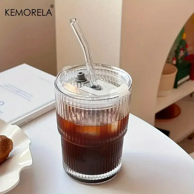 Modern ribbed stripe glass cup with lid and straw kitchen glassware