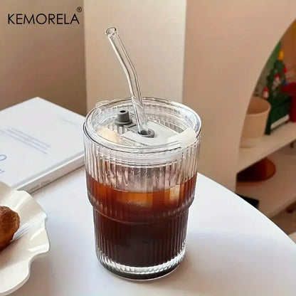 Modern ribbed stripe glass cup with lid and straw kitchen glassware