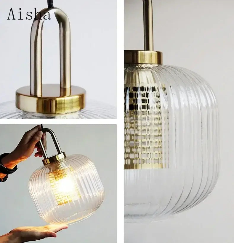 Modern ridged clear glass pendant lamp bedroom brass lighting