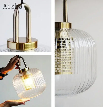Modern ridged clear glass pendant lamp bedroom brass lighting