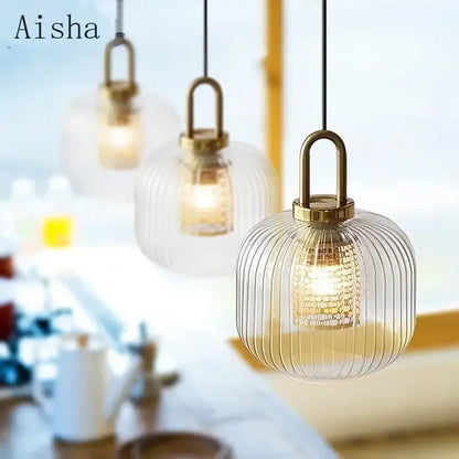 Modern ridged clear glass pendant lamp bedroom brass lighting