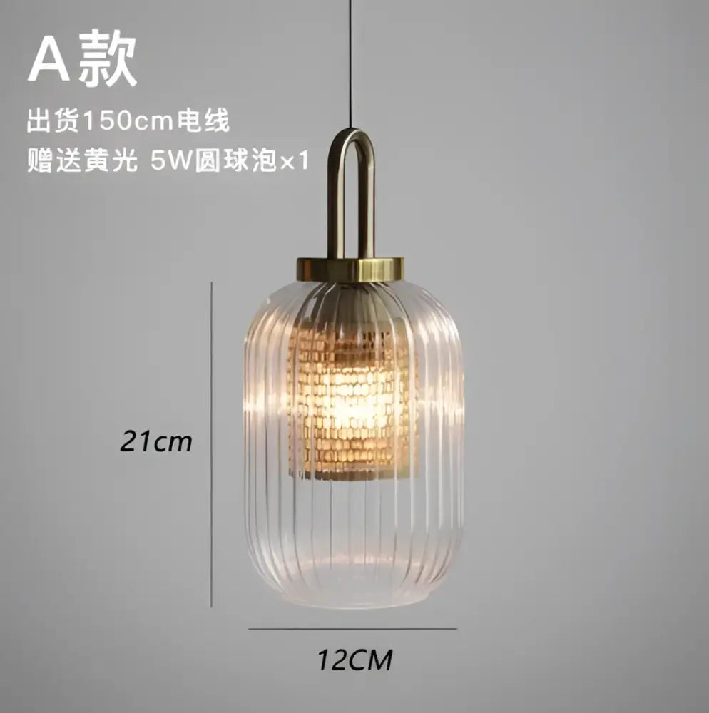 Modern ridged clear glass pendant lamp bedroom brass lighting