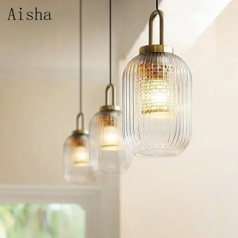 Modern ridged clear glass pendant lamp bedroom brass lighting