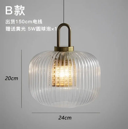 Modern ridged clear glass pendant lamp bedroom brass lighting