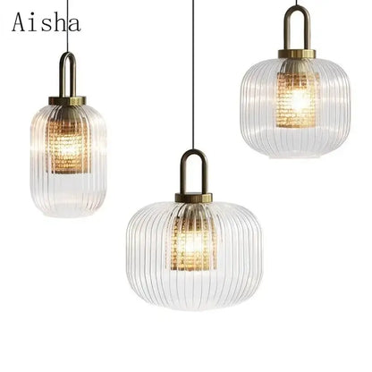 Modern ridged clear glass pendant lamp bedroom brass lighting
