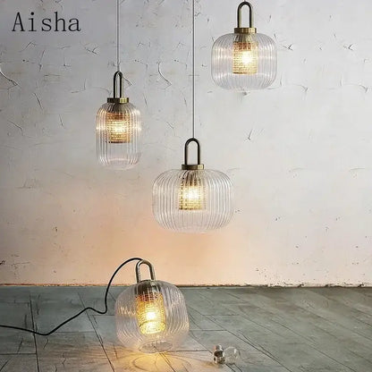 Modern ridged clear glass pendant lamp bedroom brass lighting