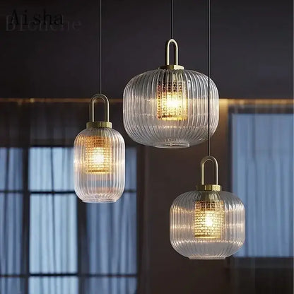 Modern ridged clear glass pendant lamp bedroom brass lighting