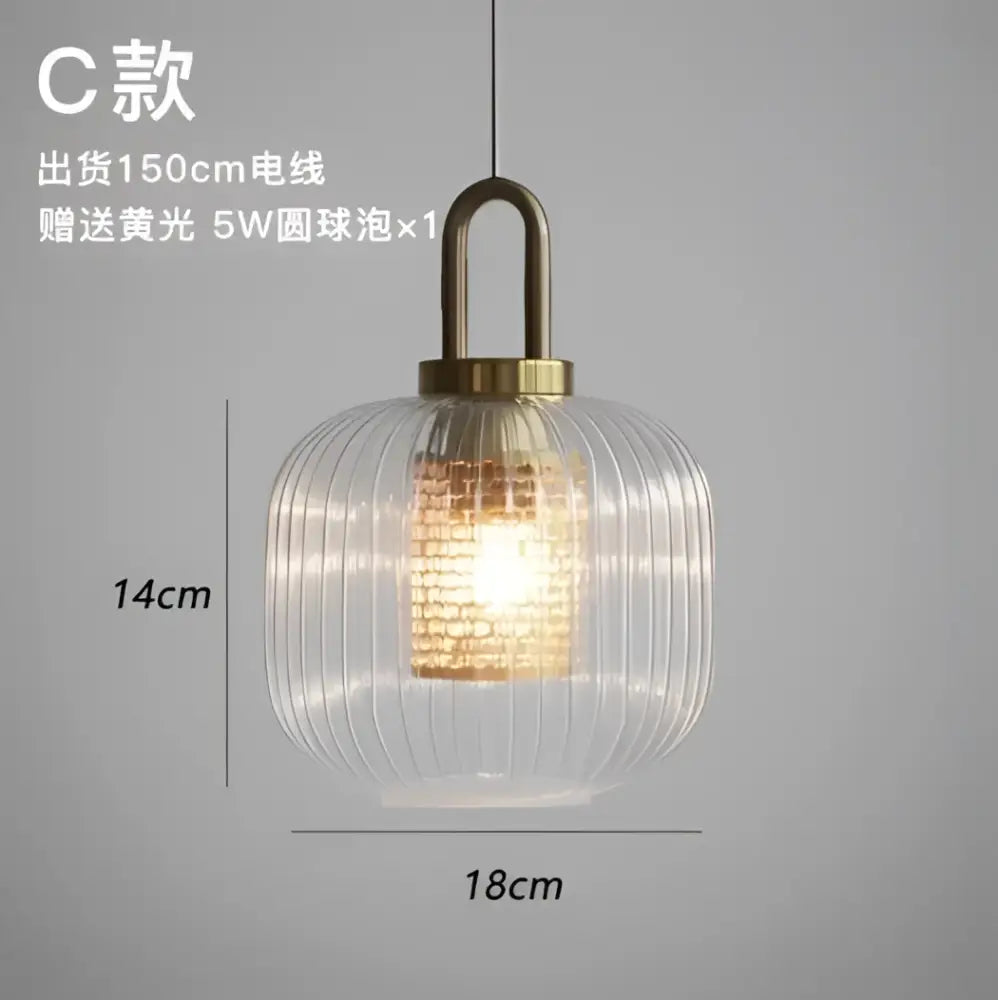 Modern ridged clear glass pendant lamp bedroom brass lighting